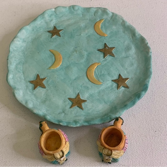 Miniature Tea Set Angels Tea Cups Plates Moon Stars Resin VTG 1995 Young's Inc - Picture 13 of 16